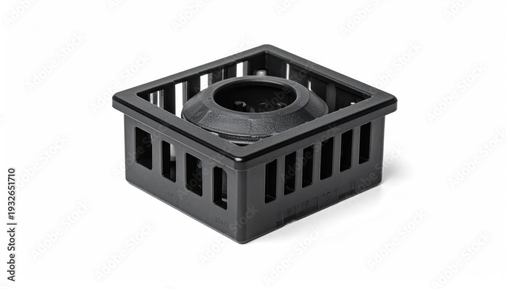 Obraz premium Black Plastic Square Drain Cover with Central Opening on White Background.