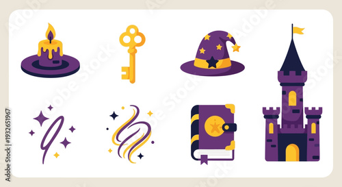 Magical icons collection featuring wizard hat, castle, and mystical objects in a fantasy setting