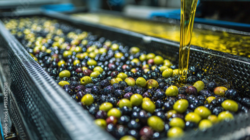 industrial food manufacturing scene showing olive oil extraction from ripe olives using advanced machinery and modern technology for efficient golden liquid production