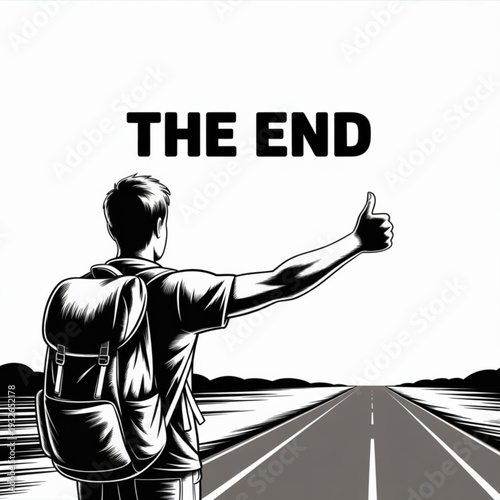 Man with backpack hitchhiking on a straight road with thumbs up, viewed from behind