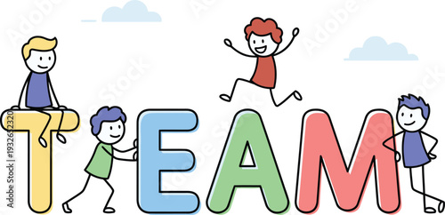 Playful stick figures collaborate to build the word team demonstrating unity and cooperation