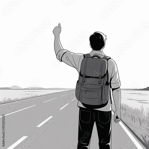 A man with a backpack hitchhiking on a rural road, viewed from behind, standing alone in a monochrome illustration