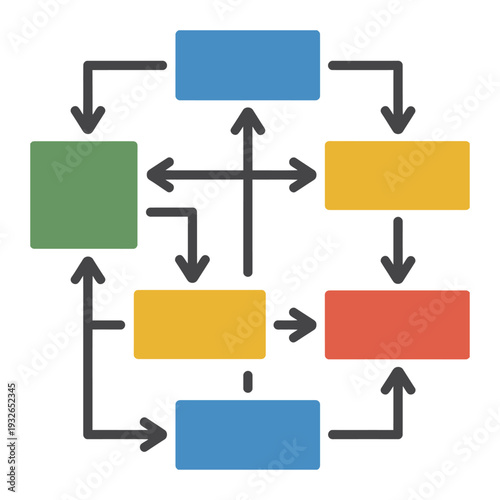 Flowchart vector illustration, colorful interconnected squares and arrows depicting process steps, workflow diagram
