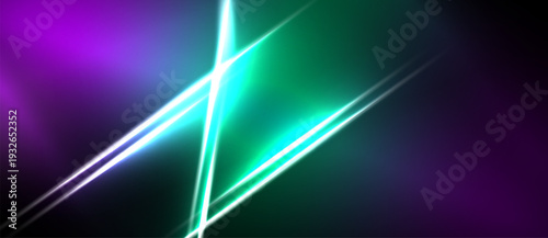 Abstract background features vibrant neon lines crossing dark purple, green gradients. Bright illumination creates dynamic visual effect.