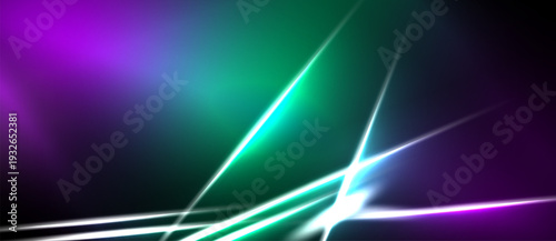 Abstract vibrant lines, purple, green hues dominate. Bright streaks suggest energy, motion, modern design elements. Dark background enhances luminosity.