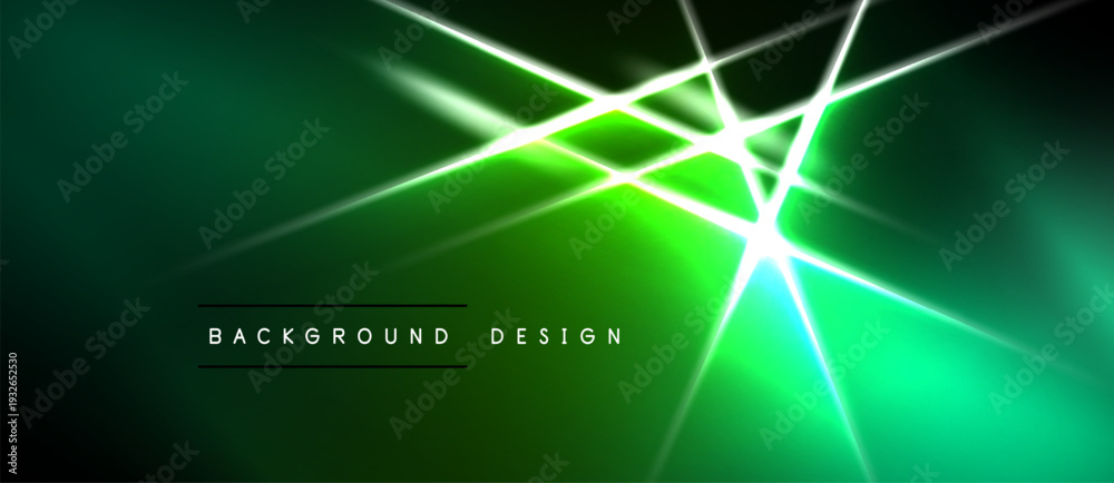 Naklejka premium Dark green background features bright neon lines intersecting. Modern design with glowing effects, creating dynamic visual impact.