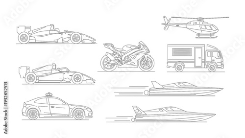 Vehicular Variety: A collection of various vehicles, including race car, motorcycle, truck, helicopter, boat, representing different modes of transport and mobility.