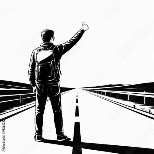 Man standing on highway, hitchhiking, viewed from behind, illustration, outdoor environment, daytime perspective