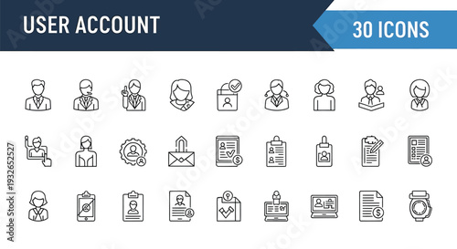 Collection of 30 user account icons for various digital and business applications