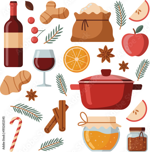 Winter mulled wine ingredients vector illustration with spices apple orange honey cinnamon ginger festive holiday beverage collection set