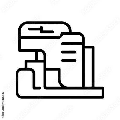 A black and white vector illustration of a printer and documents on a flat surface viewed from the front