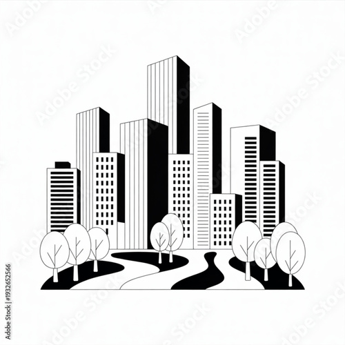 Cityscape illustration featuring modern skyscrapers, trees, and a winding road from a high vantage point
