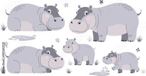 Cute Hippo Family Character Set with Adult and Baby Hippopotamus Illustrations in Various Poses for Childrens Books, Nursery Decor, and Wildlife Education Vector Designs