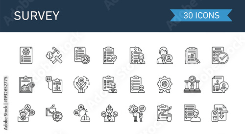 Collection of 20 survey and data collection icons in black and white