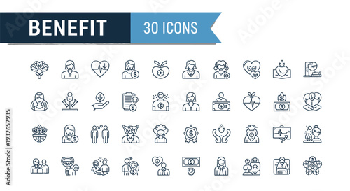 Collection of 30 benefit icons in a simple line style for various uses