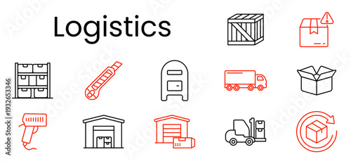 Logistics set icon. Outline pictograms, warehouse shelf, cutter knife, mailbox, cargo truck, open box, barcode scanner, storage building, forklift, package cycle arrows, wooden crate, warning parcel.