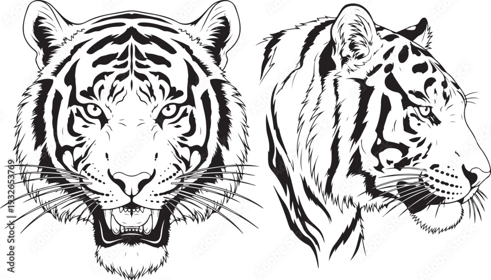 Obraz premium tiger realistic line art side face tattoo black flat vector art