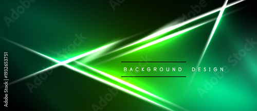 Abstract green background features bright neon lines. Diagonal shapes create dynamic visual effect. Modern design element.