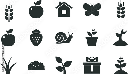 Set of black flat nature icons featuring apple, strawberry, snail, house, butterfly, plants, wheat, and gardening symbols for organic web design