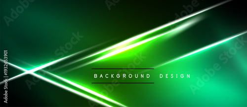 Abstract green background features bright neon lines. Modern design with dark edges, creating dynamic visual effect. Simple, elegant.