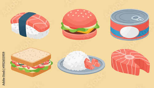 Assorted Food Items Including Sushi, Hamburger, and Canned Goods.
