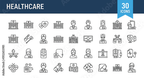 A collection of 30 black and white line icons related to healthcare and medical services
