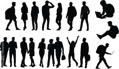 Collection of diverse human silhouettes in various poses and activities Keywords: silhouette, people, man, woman, standing