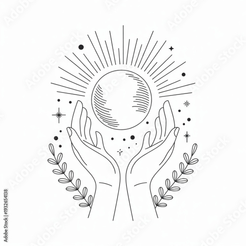 Hands holding a celestial body surrounded by leaves and stars in a minimalist vector illustration