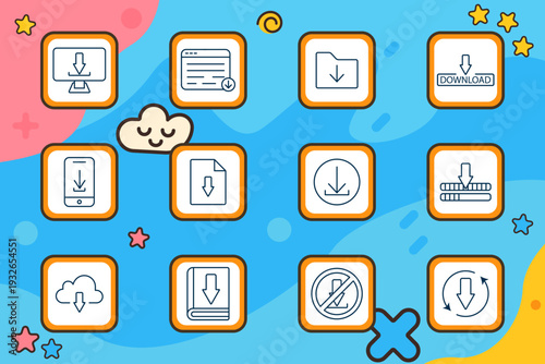 Download file set icon. Monitor download, browser window, folder, download label, mobile download, document, circle, server bars, cloud arrow