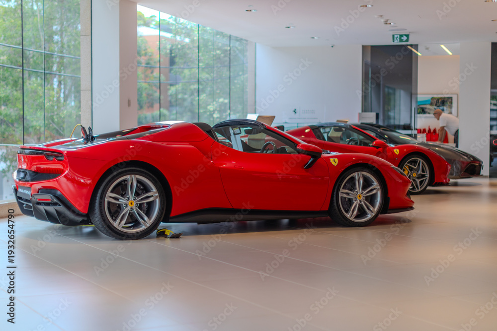 Fototapeta premium 2 March 2026 Italian Car beautiful Ferrari large mag wheels bright colours on show in Sydney NSW Australia