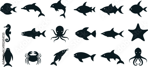 Collection of marine animal silhouettes including fish, dolphins, octopus, seahorse, crab, and starfish Keywords: marine, animal