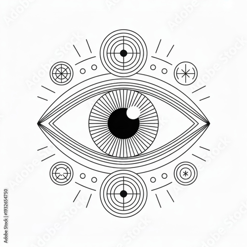Illustration of an eye surrounded by mystical symbols and celestial elements in a black and white vector graphic