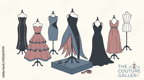 A collection of elegant couture dresses displayed on mannequins showcasing high fashion design and bespoke apparel