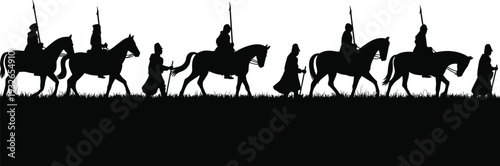 Black silhouette of cavalry riders with spears on horseback, historical military procession vector, group of medieval knights or soldiers traveling,