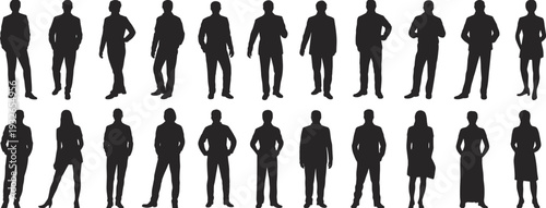 Diverse group of male and female silhouettes in various poses and attire people standing