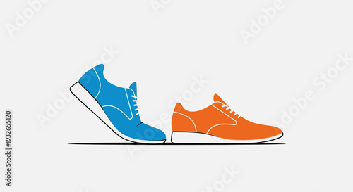 Two colorful sneakers in blue and orange standing side by side.