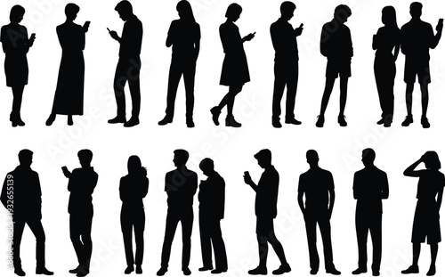 Diverse group of people silhouettes using smartphones on white background Keywords: silhouette, people, group, mobile phone