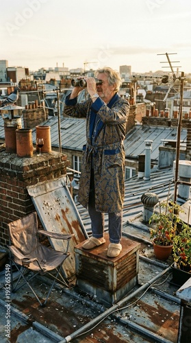 Older man in a patterned bathrobe standing on an urban rooftop looking through binoculars at sunset for neighborhood watch concept and city exploration