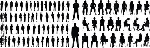Diverse Silhouettes of People Standing and Sitting in Rows on White Background Keywords: silhouette, people, standing, sitting