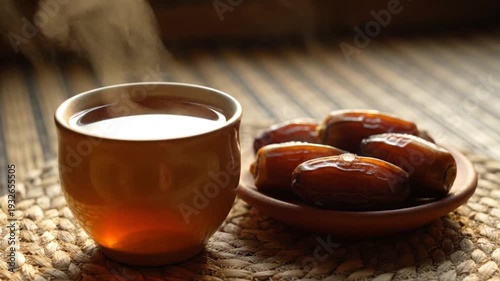 Tea Served with Dates on Woven Mat.