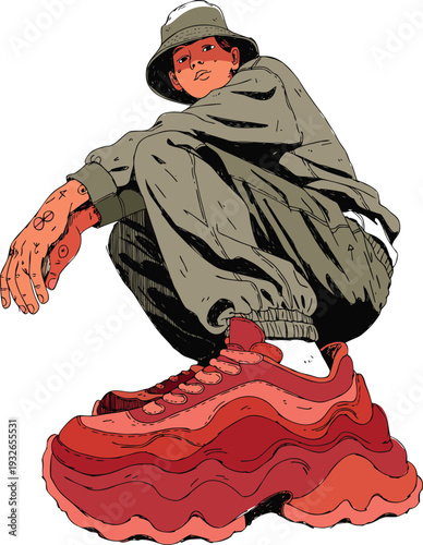 Illustration of young person crouching low to the ground in compact, powerful pose