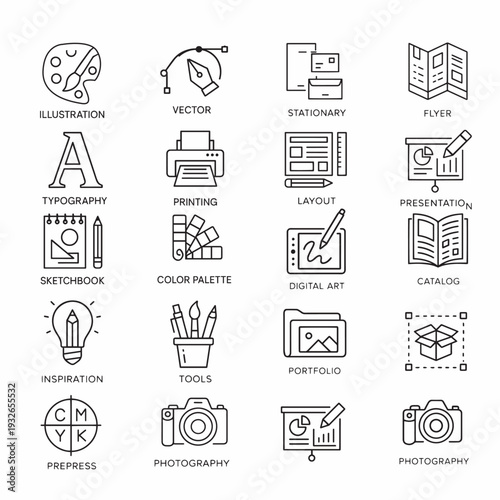 Creative Design and Printing Process Line Icons Collection
