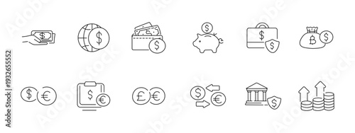 Banking currency exchange set icon. Cash globe wallet piggy bank briefcase coins dollar euro balance bank growth shield depict money transfer security.