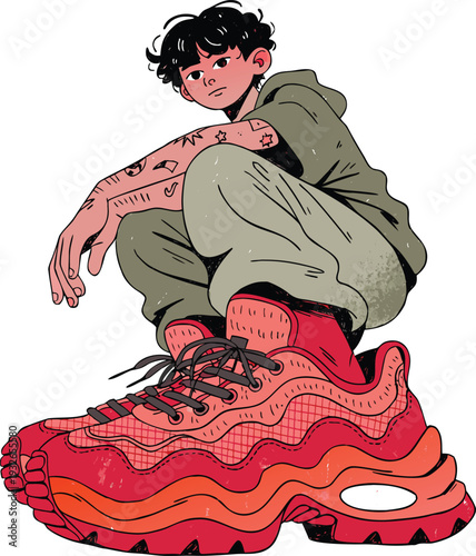 Illustration of young man crouching low to the ground in a compact, powerful pose