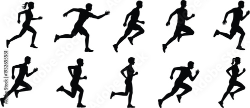 Dynamic Silhouettes Of Runners In Full Stride On White Background running sport