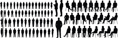 Extensive Collection of Silhouettes of People Standing and Sitting in Rows Keywords: silhouette, people, standing, sitting, row