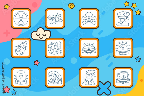 Hazard disaster set icon. Radiation sign, airplane crash, skull bones, tornado wind, burning planet, globe thermometer, car collision, alarm siren, police light, flooded house, volcano eruption