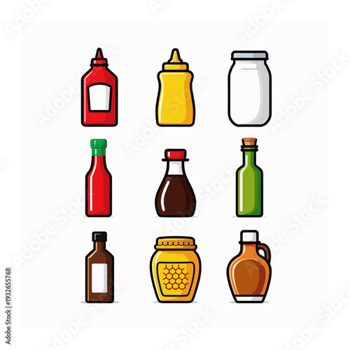Condiment Bottles and Jars Icons - Ketchup, Mustard, Soy Sauce, Honey