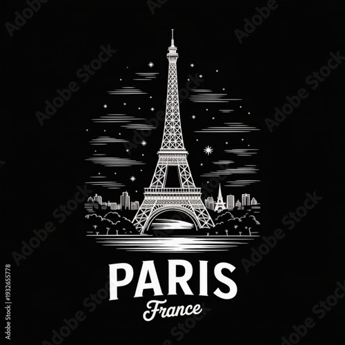 Eiffel Tower illustration at night with stars and cityscape in Paris, France, viewed from a low angle with detailed engraving