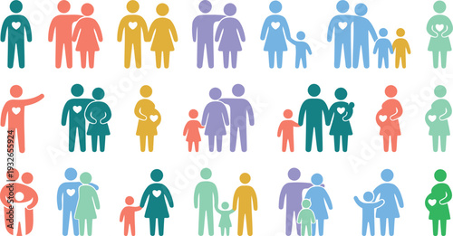 Colorful icons illustrate a diverse community with various family structures and loving relationships